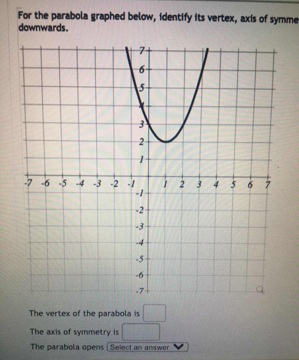 For the parabola graphed below, identify its vertex, axis of symme
downwards.
7+
6-
5-
2
-7 -6 -5 -4 -3 -2 -1
4
6.
-3
-4
-5
-7+
The vertex of the parabola is
The axis of symmetry is
The parabola opens Select an answer
2.
