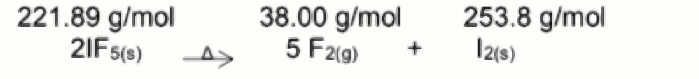 253.8 g/mol
221.89 g/mol
2IF5(s)
38.00 g/mol
5 F2(9)
+
