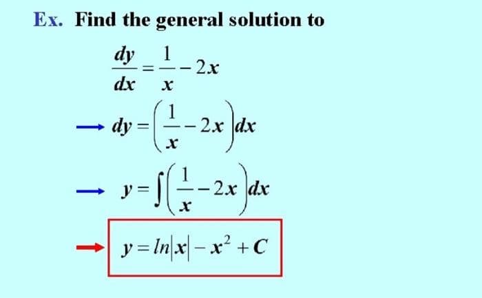 Ex. Find the general solution to
dy
1
2x
dx
X
1
(-—-—-2x)dx
= √(- - - 2x) dx
-
y = ln|x − x² + C
↑
↑
-