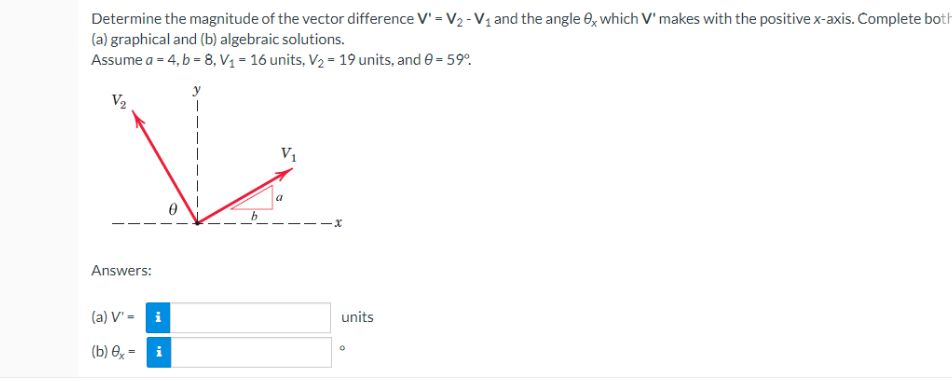 Determine the magnitude of the vector difference V' = V₂ - V₁ and the angle 0x which V' makes with the positive x-axis. Complete both
(a) graphical and (b) algebraic solutions.
Assume a = 4, b = 8, V₁ = 16 units, V₂ = 19 units, and 0 = 59°
V₂
V₁
a
Answers:
(a) V'-
i
(b) ex = i
-x
units
O