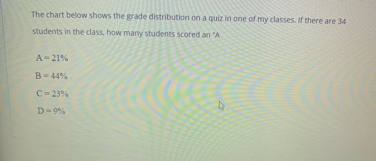 The chart below shows the grade distribution on a quiz in one of my classes. If there are 34
students in the class, how many students scored an "A
A= 21%
B=44%
C = 23%
D= 9%
