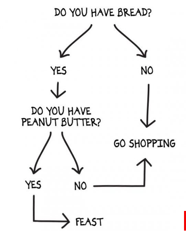 DO YOU HAVE BREAD?
NO
YES
DO YOU HAVE
PEANUT BUTTER?
GO SHOPPING
YES
NO
FEAST
