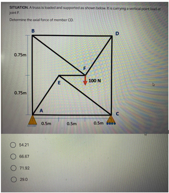 SITUATION. A truss is loaded and supported as shown below. It is carrying a vertical point load at
joint F.
Determine the axial force of member CD.
B
0.75m
0.75m
O54.21
66.67
71.92
29.0
A
0.5m
E
0.5m
F
100 N
0.5m
C