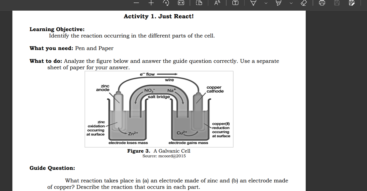 A
Activity 1. Just React!
Learning Objective:
Identify the reaction occurring in the different parts of the cell.
What you need: Pen and Paper
What to do: Analyze the figure below and answer the guide question correctly. Use a separate
sheet of paper for your answer.
e-flow
wire
zinc
anode
copper
cathode
NO,
Nat
salt bridge
zinc
oxidation -
occurring
at surface
copper(II)
reduction
occurring
at surface
Zn2+
Cu?+
electrode loses mass
electrode gains mass
Figure 3. A Galvanic Cell
Source: mcoord@2015
Guide Question:
What reaction takes place in (a) an electrode made of zinc and (b) an electrode made
of copper? Describe the reaction that occurs in each part.
