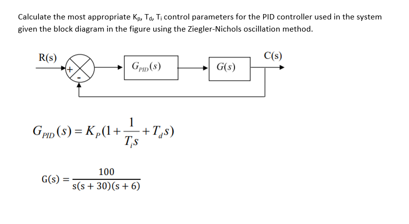 Calculate the most appropriate Kp, Td, T¡ control parameters for the PID controller used in the system
given the block diagram in the figure using the Ziegler-Nichols oscillation method.
R(s)
C(s)
Gpip (8)
G(s)
1
GpIp (s) = Kp(1+
+Tqs)
T,s
100
G(s) =-
s(s + 30)(s + 6)
