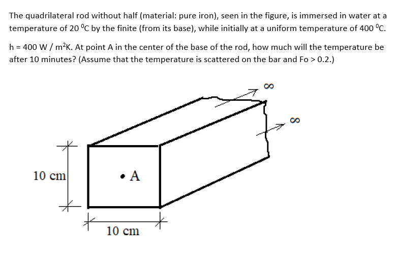 The quadrilateral rod without half (material: pure iron), seen in the figure, is immersed in water at a
temperature of 20 °C by the finite (from its base), while initially at a uniform temperature of 400 °C.
h = 400 W / m?K. At point A in the center of the base of the rod, how much will the temperature be
after 10 minutes? (Assume that the temperature is scattered on the bar and Fo > 0.2.)
10 cm
• A
10 cm
8
