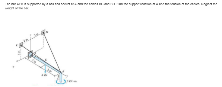 The bar AEB is supported by a ball and socket at A and the cables BC and BD. Find the support reaction at A and the tension of the cables. Neglect the
weight of the bar.
3m
4 kN
3 kN m
