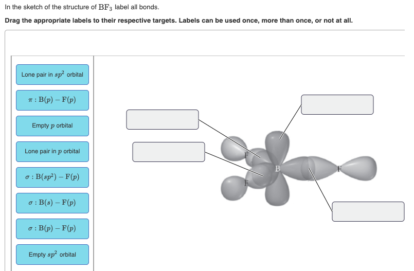 In the sketch of the structure of BF3 label all bonds.
Drag the appropriate labels to their respective targets. Labels can be used once, more than once, or not at all.
Lone pair in sp orbital
: B(p) – F(p)
Empty p orbital
Lone pair in p orbital
B
B(sp²) – F(p)
в : В(8) — F(p)
o : B(p) – F(p)
Empty sp? orbital
