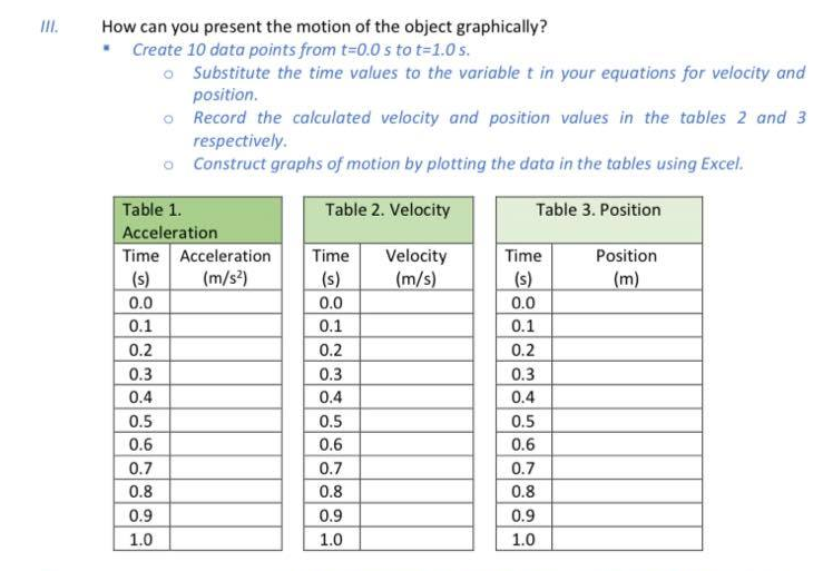 II.
How can you present the motion of the object graphically?
• Create 10 data points from t-D0.0 s to t=1.0 s.
o Substitute the time values to the variable t in your equations for velocity and
position.
o Record the calculated velocity and position values in the tables 2 and 3
respectively.
o Construct graphs of motion by plotting the data in the tables using Excel.
Table 1.
Table 2. Velocity
Table 3. Position
Acceleration
Time Acceleration
(s)
Time
Velocity
Time
Position
(m/s²)
(s)
(m/s)
(s)
(m)
0.0
0.0
0.0
0.1
0.1
0.1
0.2
0.2
0.2
0.3
0.3
0.3
0.4
0.4
0.4
0.5
0.5
0.5
0.6
0.6
0.6
0.7
0.7
0.7
0.8
0.8
0.8
0.9
0.9
0.9
1.0
1.0
1.0
