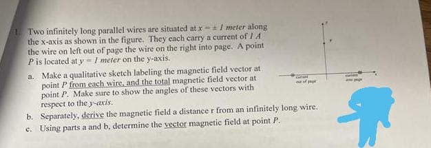 1 Two infinitely long parallel wires are situated at x-/ meter along
the x-axis as shown in the figure. They each carry a current of I A
the wire on left out of page the wire on the right into page. A point
Pis located at y - 1 meter on the y-axis.
a. Make a qualitative sketch labeling the magnetic field vector at
point P from each wire, and the total magnetic field vector at
point P. Make sure to show the angles of these vectors with
respect to the y-axis.
b. Separately, derive the magnetic field a distance r from an infinitely long wire.
c. Using parts a and b, determine the vector magnetic field at point P.
