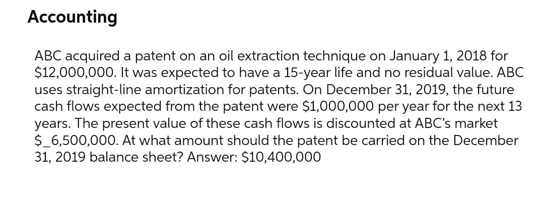 Accounting
ABC acquired a patent on an oil extraction technique on January 1, 2018 for
$12,000,000. It was expected to have a 15-year life and no residual value. ABC
uses straight-line amortization for patents. On December 31, 2019, the future
cash flows expected from the patent were $1,000,000 per year for the next 13
years. The present value of these cash flows is discounted at ABC's market
$ 6,500,000. At what amount should the patent be carried on the December
31, 2019 balance sheet? Answer: $10,400,000O
