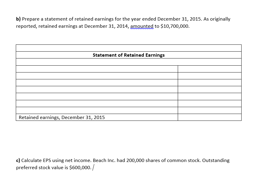 b) Prepare a statement of retained earnings for the year ended December 31, 2015. As originally
reported, retained earnings at December 31, 2014, amounted to $10,700,000.
Statement of Retained Earnings
Retained earnings, December 31, 2015
c) Calculate EPS using net income. Beach Inc. had 200,000 shares of common stock. Outstanding
preferred stock value is $600,000. /
