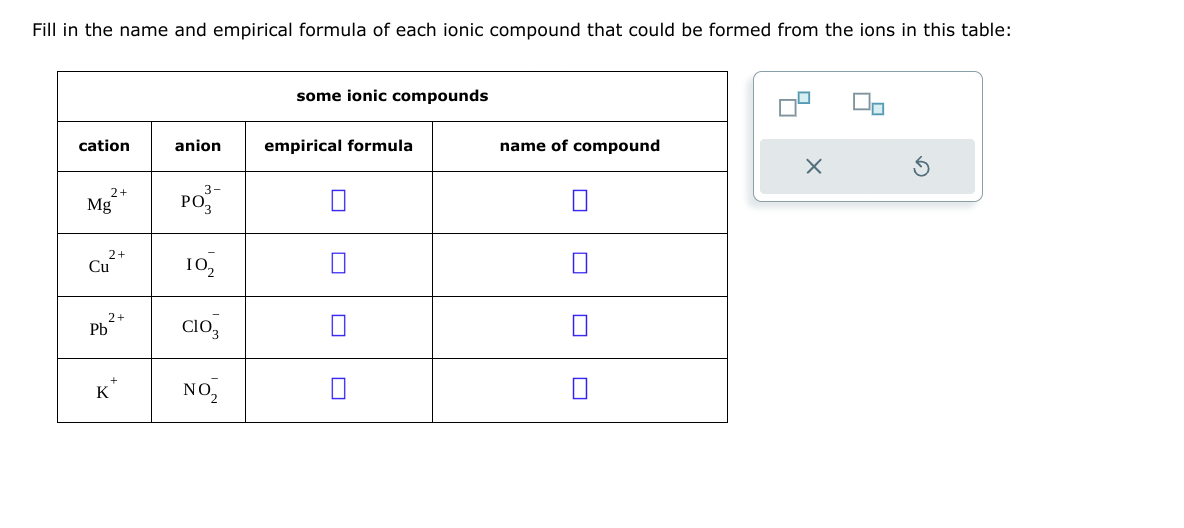 Fill in the name and empirical formula of each ionic compound that could be formed from the ions in this table:
cation
2+
Mg
2+
Cu
2+
Pb
K
anion
3-
PO³-
10₂
C103
NO₂
some ionic compounds
empirical formula
name of compound
X