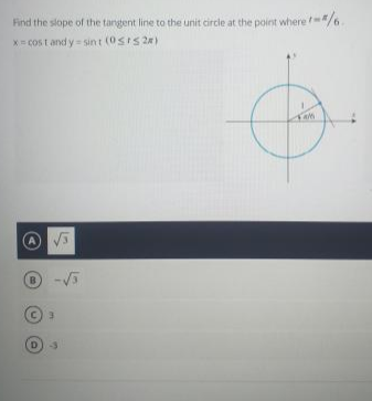 Find the slope of the tangent line to the unit circle at the point where"/6.
X= Cos t and y = sin t (0sIS 2)
A
(B
