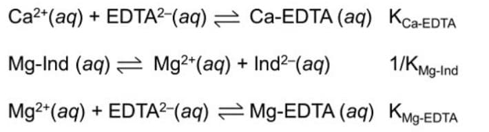 Ca2*(aq) + EDTA²-(aq) = Ca-EDTA (aq) KcaEDTA
Mg-Ind (aq) = Mg2*(aq) + Ind2-(aq)
1/KMg-Ind
Mg2*(aq) + EDTA²-(aq) Mg-EDTA (aq) KMg-EDTA
