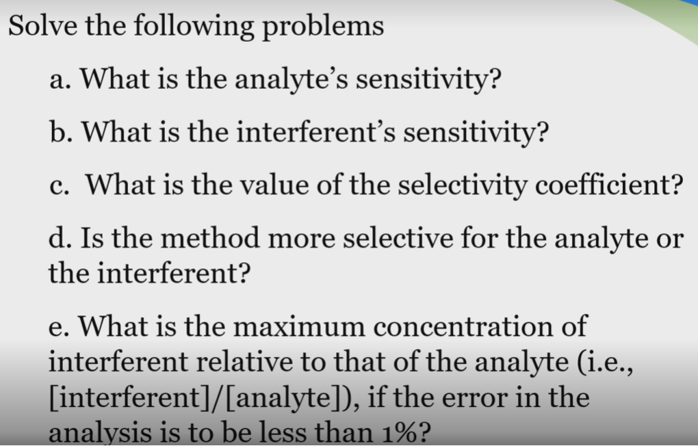 Solve the following problems
a. What is the analyte's sensitivity?
b. What is the interferent's sensitivity?
c. What is the value of the selectivity coefficient?
d. Is the method more selective for the analyte or
the interferent?
e. What is the maximum concentration of
interferent relative to that of the analyte (i.e.,
[interferent]/[analyte]), if the error in the
analysis is to be less than 1%?
