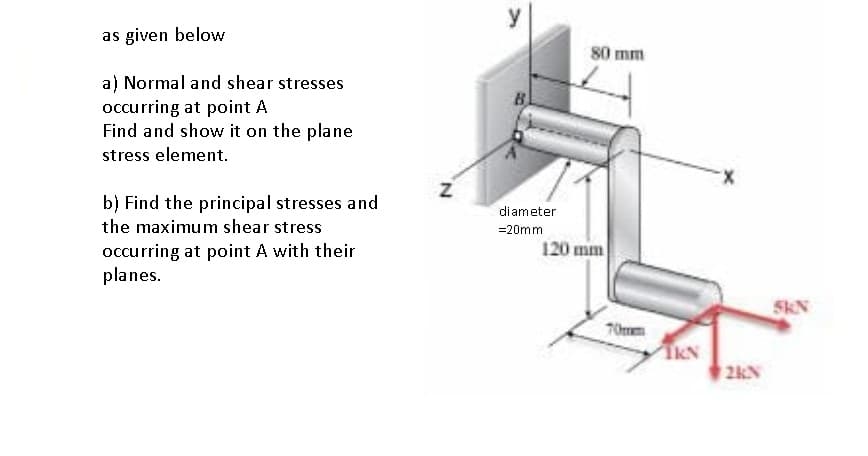 as given below
80 mm
a) Normal and shear stresses
occurring at point A
Find and show it on the plane
stress element.
b) Find the principal stresses and
the maximum shear stress
diameter
=20mm
120 mm
occurring at point A with their
planes.
SKN
70mm
TKN
2kN
