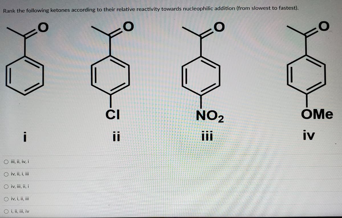 Rank the following ketones according to their relative reactivity towards nucleophilic addition (from slowest to fastest).
CI
NO2
OMe
i
ii
i
iv
O ii, ii, iv, i
iv, ii, i, i
O iv, iii, ii, i
O iv, i, ii, i
O i, ii, iii, iv
