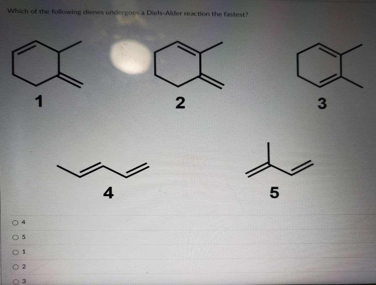 Which of the following dienes undergoes a Diels-Alder reaction the fastest?
1
3.
4
O 4
1
3.
2.
