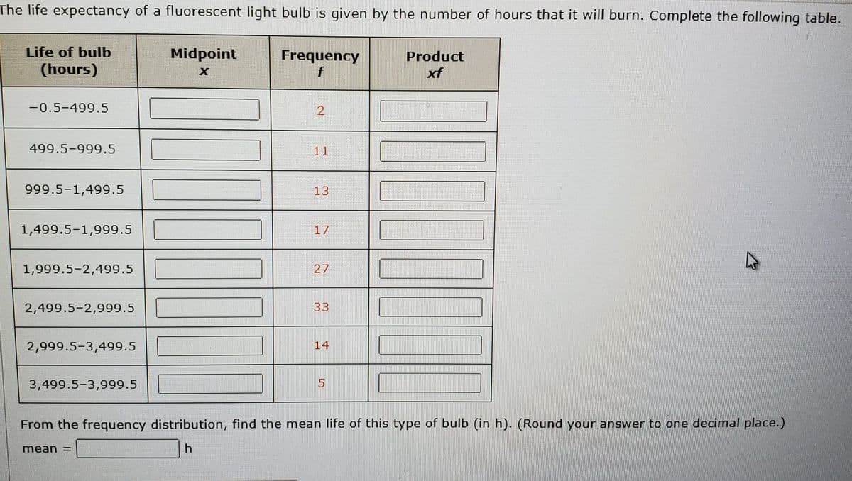 The life expectancy of a fluorescent light bulb is given by the number of hours that it will burn. Complete the following table.
Life of bulb
Midpoint
Frequency
Product
(hours)
f
xf
-0.5-499.5
499.5-999.5
11
999.5-1,499.5
13
1,499.5-1,999.5
17
1,999.5-2,499.5
27
2,499.5-2,999.5
33
2,999.5-3,499.5
14
3,499.5-3,999.5
From the frequency distribution, find the mean life of this type of bulb (in h). (Round your answer to one decimal place.)
mean =
