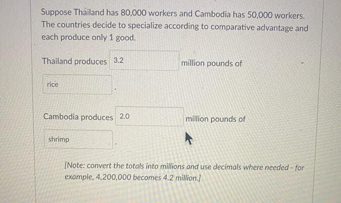 Suppose Thailand has 80,000 workers and Cambodia has 50,000 workers.
The countries decide to specialize according to comparative advantage and
each produce only 1 good.
Thailand produces 3.2
million pounds of
rice
Cambodia produces 2.0
million pounds of
shrimp
[Note: convert the totals into millions and use decimals where needed - for
example, 4,200,000 becomes 4.2 million.]
