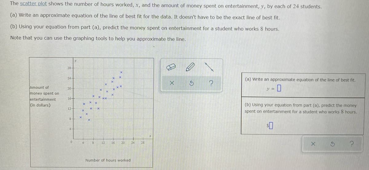 The scatter plot shows the number of hours worked, x, and the amount of money spent on entertainment, v, by each of 24 students.
(a) Write an approximate equation of the line of best fit for the data. It doesn't have to be the exact line of best fit.
(b) Using your equation from part (a), predict the money spent on entertainment for a student who works 8 hours.
Note that you can use the graphing tools to help you approximate the line.
28-
24
(a) Write an approximate equation of the line of best fit.
Amount of
20-
money spent on
entertainment
16-
Cin dollars)
(b) Using your equation from part (a), predict the money
spent on entertainment for a student who works S hours.
12-
8-
4-
4
8
12
16
20
28
Number of hours worked
