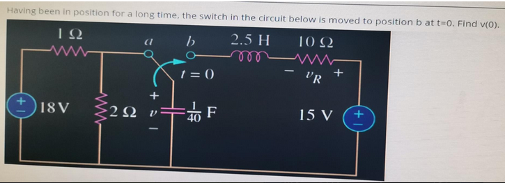 Having been in position for a long time, the switch in the circuit below is moved to position b at t=0. Find v(0).
ΤΩ
b
2.5 Η
ΤΟ Ω
Μ
1 = 0
18V
2 Ω
+
4 F
-
UR
15 V