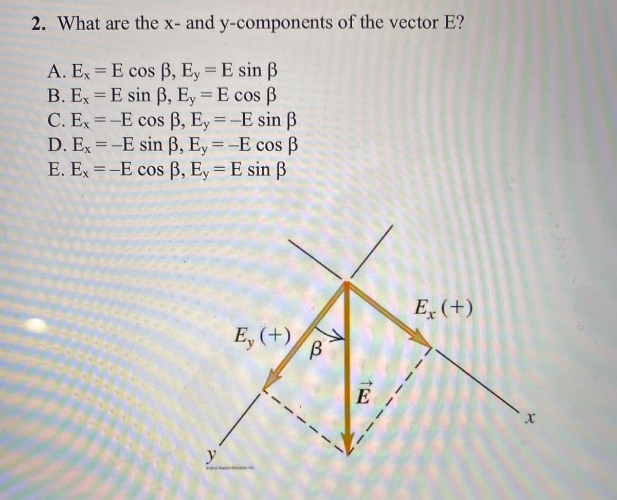 2. What are the x- and y-components of the vector E?
A. Ex = E cos ß, Ey E sin B
B. Ex = E sin B, Ey = E cos B
C. Ex =-E cos B, Ey =-E sin B
D. Ex =-E sin B, Ey=-E cos B
E. Ex =-E cos ß, Ey= E sin ß
%3D
%3D
%3D
E, (+)
E, (+)
E
