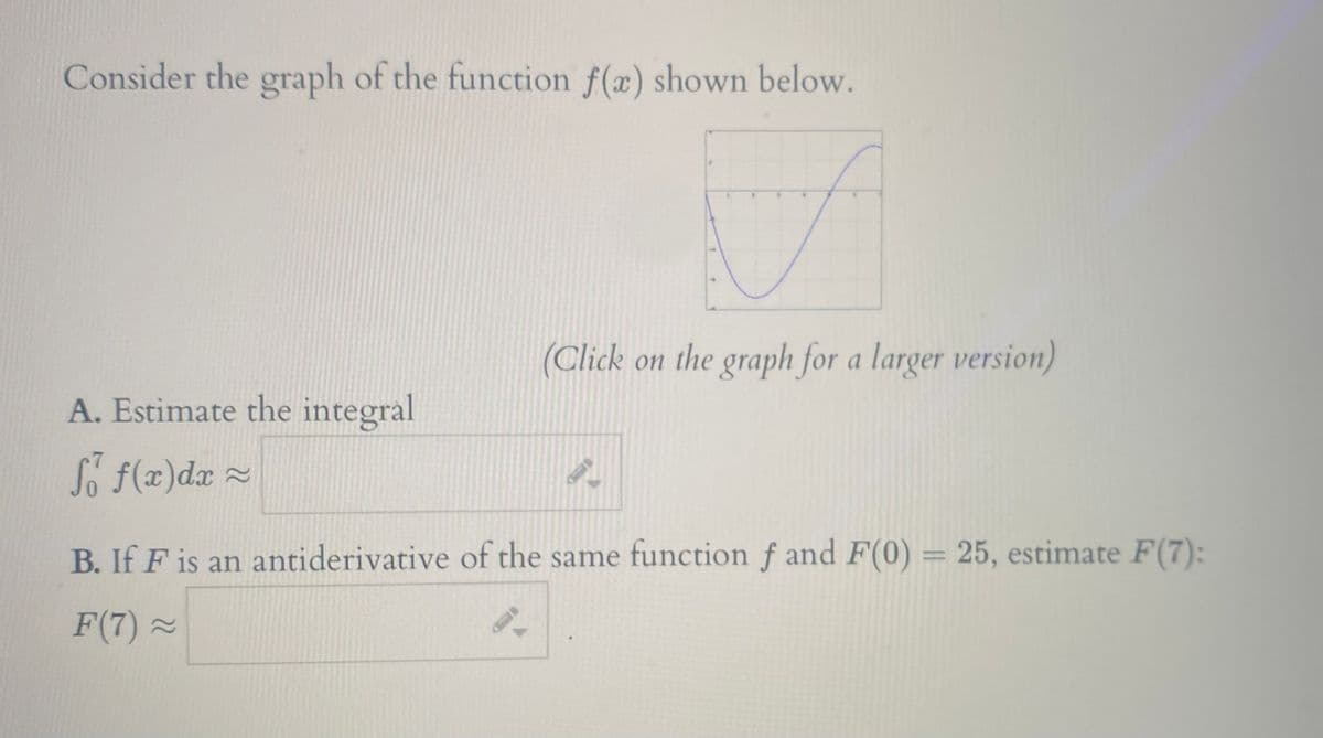 Consider the graph of the function f(x) shown below.
(Click on the graph for a larger version)
A. Estimate the integral
So f(x)dx ~
B. If F is an antiderivative of the same function f and F(0) = 25, estimate F(7):
F(7) ×
