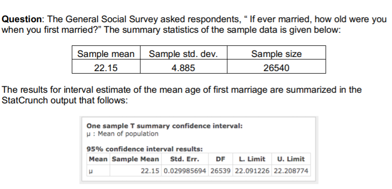 Question: The General Social Survey asked respondents, "If ever married, how old were you
when you first married?" The summary statistics of the sample data is given below:
Sample std. dev.
Sample mean
22.15
Sample size
4.885
26540
The results for interval estimate of the mean age of first marriage are summarized in the
StatCrunch output that follows:
One sample T summary confidence interval:
:Mean of population
95% confidence interval results:
L. Limit
U. Limit
Mean Sample Mean Std. Err.
DF
22.15 0.029985694 26539 22.09 1226 22.208774
