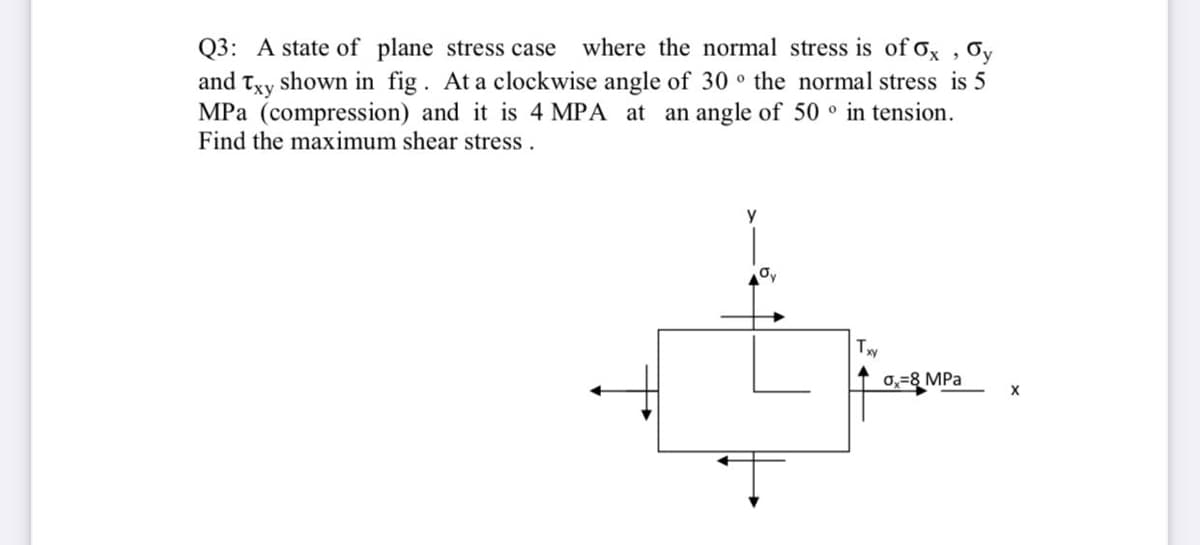 where the normal stress is of ox , Oy
Q3: A state of plane stress case
and txy shown in fig. At a clockwise angle of 30 ° the normal stress is 5
MPa (compression) and it is 4 MPA at an angle of 50 ° in tension.
Find the maximum shear stress.
y
Txy
0,=8 MPa
X
