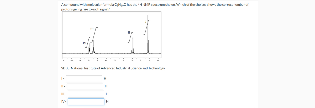 A compound with molecular formula C3H100 has the H NMR spectrum shown. Which of the choices shows the correct number of
protons giving rise to each signal?
1
III
II
IV
11
10
1
SDBS: National Institute of Advanced Industrial Science and Technology
| -
H
|| -
H.
III -
IV -
H
