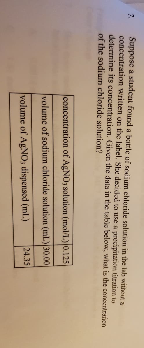 Suppose a student found a bottle of sodium chloride solution in the lab without a
concentration written on the label. She decided to use a precipitation titration to
determine its concentration. Given the data in the table below, what is the concentration
of the sodium chloride solution?
7.
concentration of AgNO3 solution (mol/L) 0.125
volume of sodium chloride solution (mL) 30.00
24.35
volume of AgNO3 dispensed (mL)
