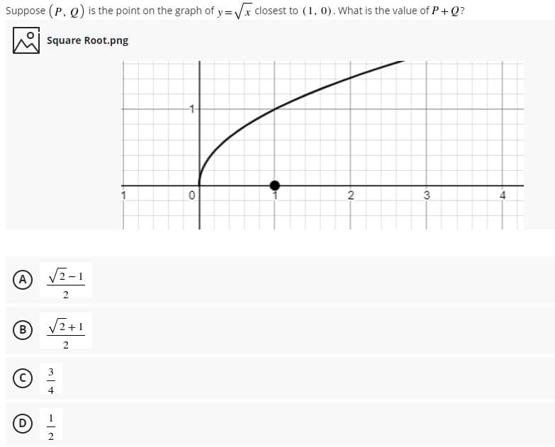 Suppose (P, Q) is the point on the graph of y=x closest to (1, 0). What is the value of P+ Q?
Square Root.png
-1-
2
3
A
Vz-1
V2+1
2
3
D
2
4.
