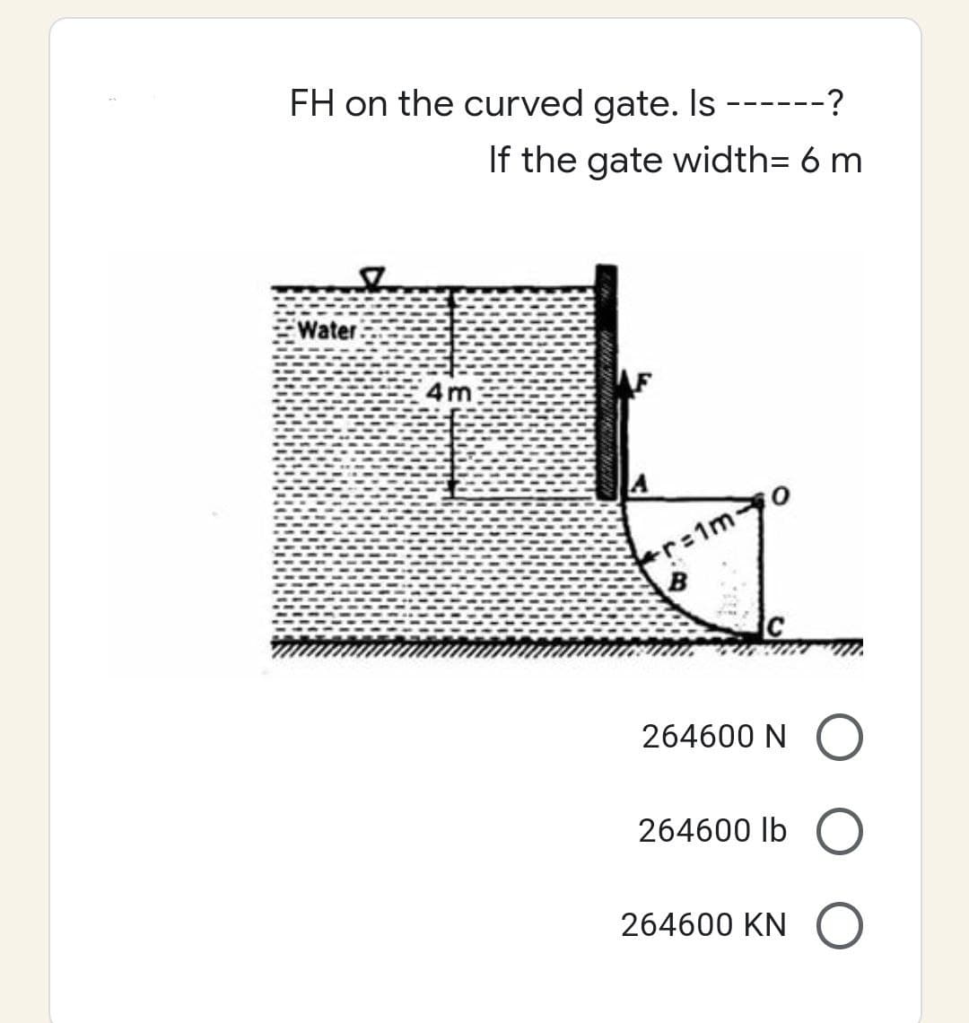 FH on the curved gate. Is
S
Water
4m
·?
If the gate width= 6 m
F
r=1my
B
264600 NO
264600 lb O
264600 KN