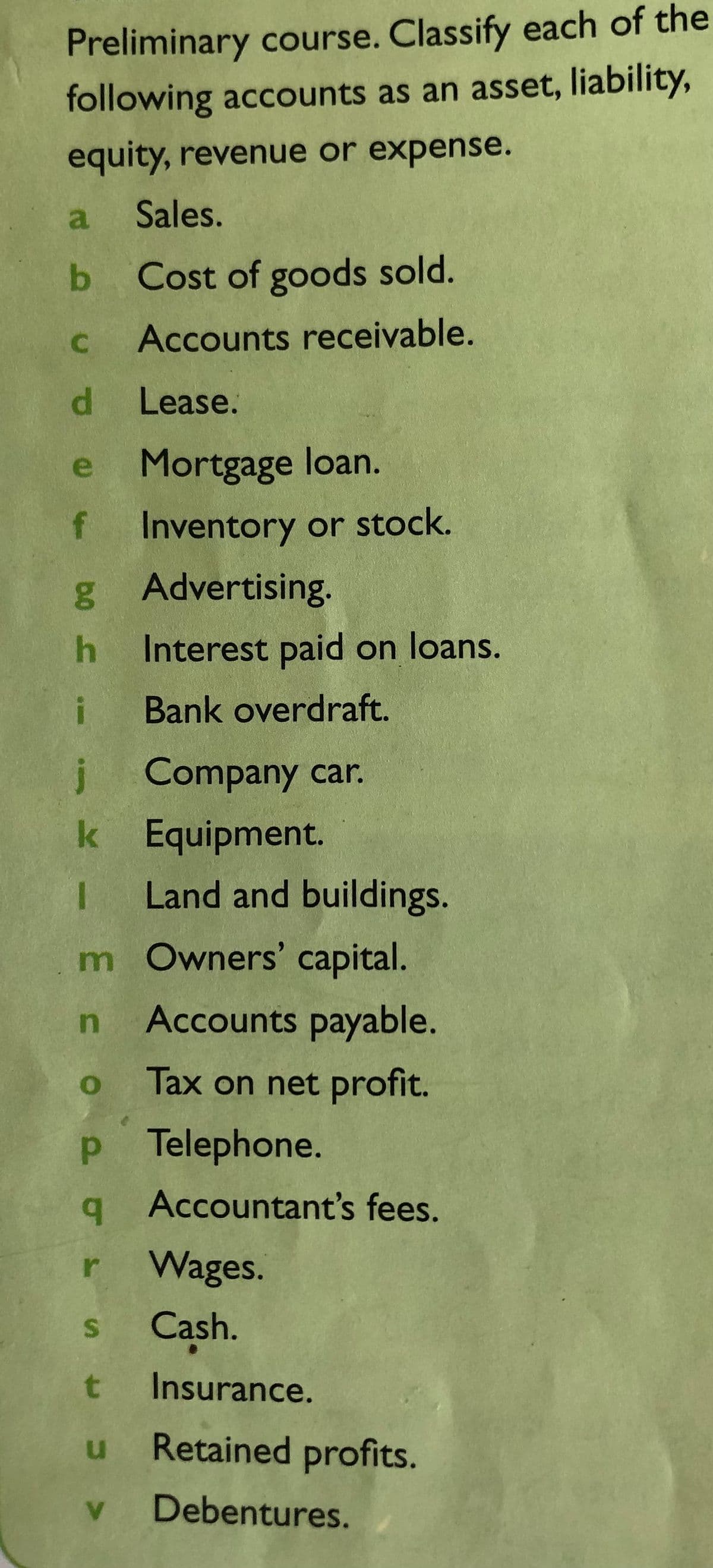 Preliminary course. Classify each of the
following accounts as an asset, liability,
equity, revenue or expense.
a Sales.
b Cost of goods sold.
Accounts receivable.
d Lease.
e Mortgage loan.
f Inventory or stock.
g Advertising.
h Interest paid on loans.
i
Bank overdraft.
j Company car.
k Equipment.
I Land and buildings.
m Owners' capital.
n Accounts payable.
Tax on net profit.
p Telephone.
q Accountant's fees.
Wages.
Cash.
t Insurance.
Retained profits.
v Debentures.
