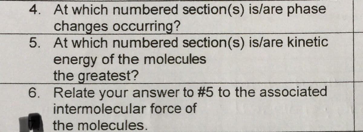 4. At which numbered section(s) is/are phase
changes occurring?
5. At which numbered section(s) is/are kinetic
energy of the molecules
the greatest?
6. Relate your answer to #5 to the associated
intermolecular force of
the molecules.

