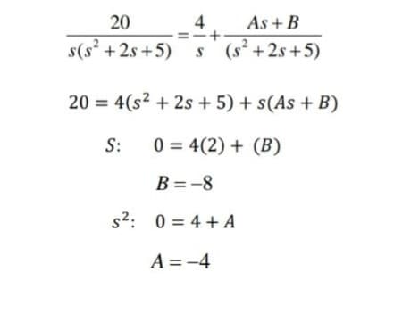 20
4
+
As + B
s(s²+2s+5) s (s² +2s+5)
20= 4(s² + 2s + 5) + s(As + B)
0= 4(2) + (B)
B = -8
s²: 0= 4+ A
A = -4
S: