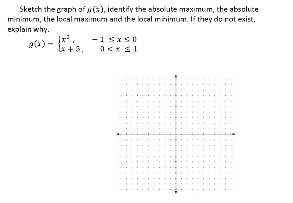 Sketch the graph of g(x), identify the absolute maximum, the absolute
minimum, the local maximum and the local minimum. If they do not exist,
explain why.
g(x) = {x² ,
lx + 5,
- 1 < x < 0
0 < x <1
