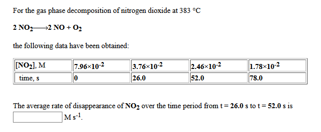 For the gas phase decomposition of nitrogen dioxide at 383 °C
2 NO,2 NO + 02
the following data have been obtained:
NO2], M
7.96×10-2
3.76x102
26.0
2.46x10-2
52.0
1.78×10-2
78.0
time, s
The average rate of disappearance of NO2 over the time period from t= 26.0 s to t= 52.0 s is
|Ms!.
