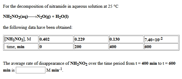 For the decomposition of nitramide in aqueous solution at 25 °C
NH,NO2(aq)N20(g) + H20(1)
the following data have been obtained:
NH2NO2], M
7.40x10-2
600
0.402
0.229
200
0.130
time, min
400
The average rate of disappearance of NH,NO2 over the time period from t= 400 min to t= 600
min is
M min-1.
