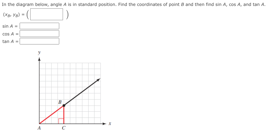 In the diagram below, angle A is in standard position. Find the coordinates of point B and then find sin A, cos A, and tan A.
(Хв, Ув)
sin A =
cos A =
tan A =
B
A
C
