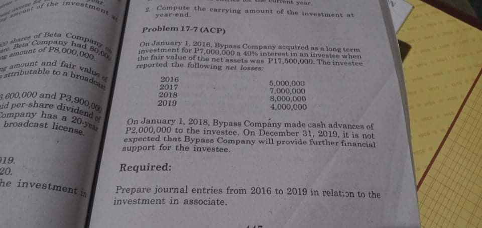 year.
investment
g amount of P8,000,000.
ahares of Beta Company
an Beta' Company had 80,000
amount and fair valus of
3 600,000 and P3,900,000
mid per-share dividend of
. Compute the carrying amount of the investment at
year-end.
aount of the
Problem 17-7 (ACP)
On January 1, 2016, Bypass Company acquired as n long term
investment for P7,000,000 a 40% interent in an investee when
the fair value of the net'assets was P17,500,000. The investee
reported the following net losses:
broadcas
2016
2017
2018
2019
5,000,000
7,000,000
8,000,000
4,000,000
attributable to a
On January 1, 2018, Bypass Company made cash advances of
P2,000,000 to the investee. On December 31, 2019, it is not
expected that Bypass Company will provide further financial
support for the investee.
Company has a
20-year
broadcast license.
019.
20.
he investment in
Required:
Prepare journal entries from 2016 to 2019 in relation to the
investment in associate.
