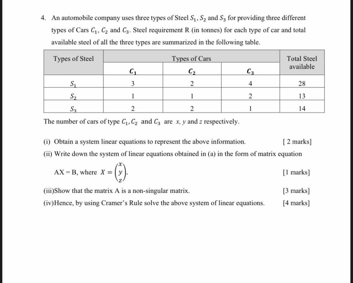 4. An automobile company uses three types of Steel S₁, S₂ and S3 for providing three different
types of Cars C₁, C₂ and C3. Steel requirement R (in tonnes) for each type of car and total
available steel of all the three types are summarized in the following table.
Types of Steel
Types of Cars
С1
C₂
3
2
1
1
S3
2
2
The number of cars of type C₁, C₂ and C3 are x, y and z respectively.
S₁
C3
4
2
1
Total Steel
available
AX= B, where X = (y
()
(iii)Show that the matrix A is a non-singular matrix.
(iv)Hence, by using Cramer's Rule solve the above system of linear equations.
28
13
14
(i) Obtain a system linear equations to represent the above information.
[2 marks]
(ii) Write down the system of linear equations obtained in (a) in the form of matrix equation
[1 marks]
[3 marks]
[4 marks]