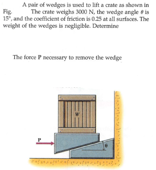 A pair of wedges is used to lift a crate as shown in
The crate weighs 3000 N, the wedge angle 0 is
15°, and the coefficient of friction is 0.25 at all surfaces. The
Fig.
weight of the wedges is negligible. Determine
The force P necessary to remove the wedge
W

