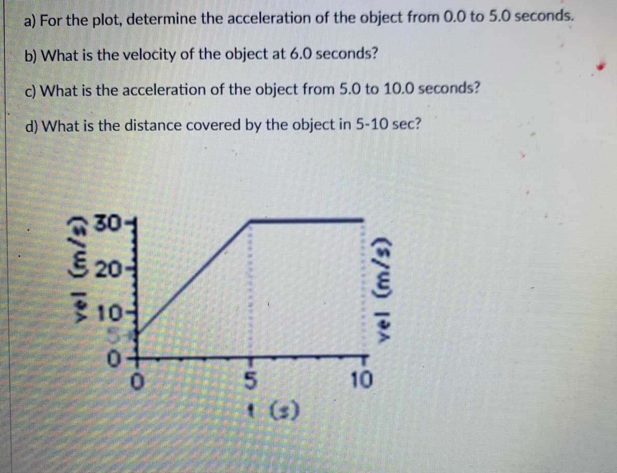 a) For the plot, determine the acceleration of the object from 0.0 to 5.0 seconds.
b) What is the velocity of the object at 6.0 seconds?
c) What is the acceleration of the object from 5.0 to 10.0 seconds?
d) What is the distance covered by the object in 5-10 sec?
301
S 20
10-
5+
0-
0.
5.
10
t (s)
(s/w) 1A
