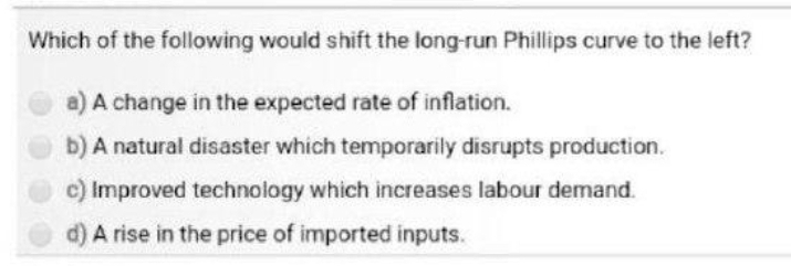 Which of the following would shift the long-run Phillips curve to the left?
a) A change in the expected rate of inflation.
b) A natural disaster which temporarily disrupts production.
c) Improved technology which increases labour demand.
d) A rise in the price of imported inputs.
