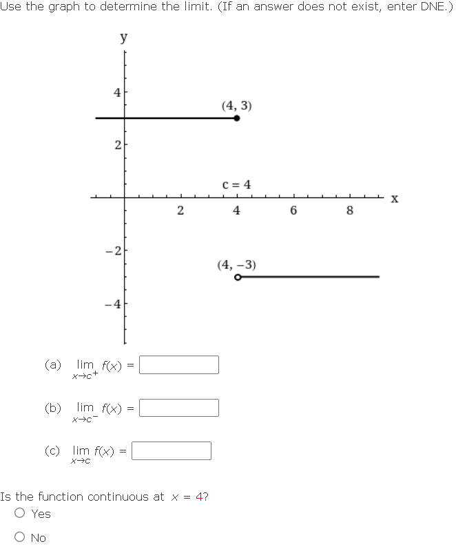 Use the graph to determine the limit. (If an answer does not exist, enter DNE.)
y
(4, 3)
C = 4
X
4
(4, -3)
4
2
-2
-4
(a) lim f(x) =
(b) lim f(x)
X→C
(c) lim f(x) =
X→C
Is the function continuous at x = 4?
O Yes
O No
=
2
CUO
6
8