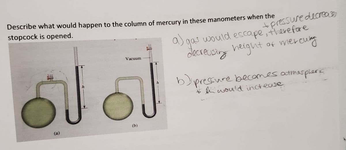 Describe what would happen to the column of mercury in these manometers when the
tpressuredeareas
a) gas wouldescape,therefore
decreusing height of wercung
stopcock is opened.
Vacuum
b)pressure becomes atmasplers
hiwould increase
(a)
(b)

