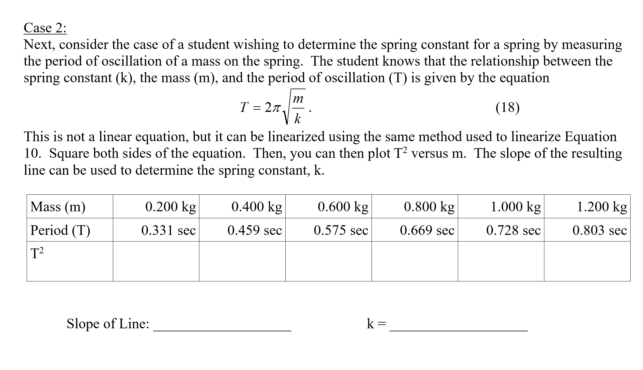 Case 2:
Next, consider the case of a student wishing to determine the spring constant for a spring by measuring
the period of oscillation of a mass on the spring. The student knows that the relationship between the
spring constant (k), the mass (m), and the period of oscillation (T) is given by the equation
m
T = 2n.
(18)
V k
This is not a linear equation, but it can be linearized using the same method used to linearize Equation
10. Square both sides of the equation. Then, you can then plot T² versus m. The slope of the resulting
line can be used to determine the spring constant, k.
Mass (m)
0.200 kg
0.400 kg
0.600 kg
0.800 kg
1.000 kg
1.200 kg
Period (T)
0.331 sec
0.459 sec
0.575 sec
0.669 sec
0.728 sec
0.803 sec
T2
